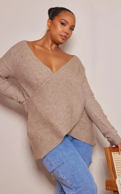 Plus Taupe Soft Knit Wrap Sweater