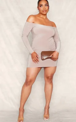 Plus Taupe Soft Touch Bardot Mini Dress