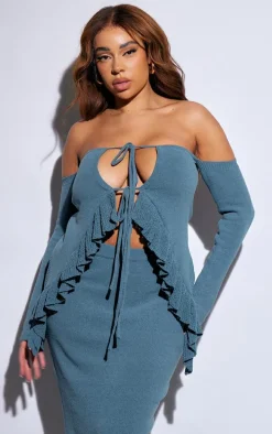 Plus Teal Frill Sleeve Tie Front Knit Top