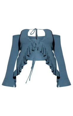 Plus Teal Frill Sleeve Tie Front Knit Top