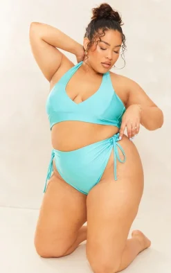 Plus Turquoise Halterneck Plunge Front Bikini Top