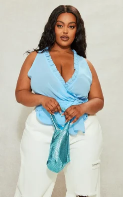 Plus Turquoise Plunge Front Ruffle Wrap Detail Top