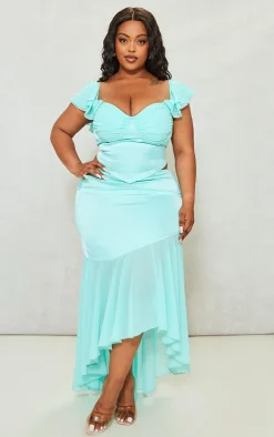 Plus Turquoise Satin Chiffon Hem Midi Skirt