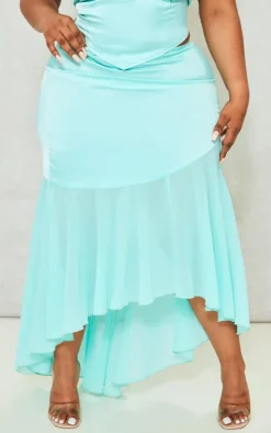 Plus Turquoise Satin Chiffon Hem Midi Skirt