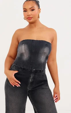 Plus Vintage Black Wash Washed Down Distressed Look Bandeau Denim Top