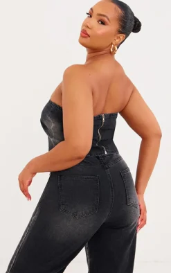 Plus Vintage Black Wash Washed Down Distressed Look Bandeau Denim Top