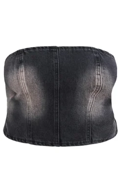 Plus Vintage Black Wash Washed Down Distressed Look Bandeau Denim Top