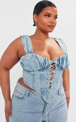 Plus Vintage Bleach Wash Ruched Bust Detail Denim Lace Up Corset