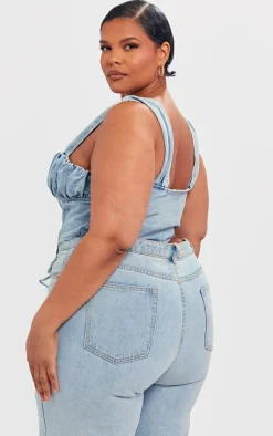 Plus Vintage Bleach Wash Ruched Bust Detail Denim Lace Up Corset