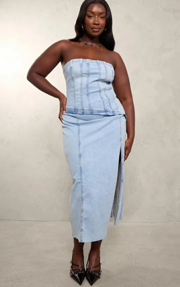 Plus Vintage Light Wash Corset Panel Split Detail Midaxi Denim Dress