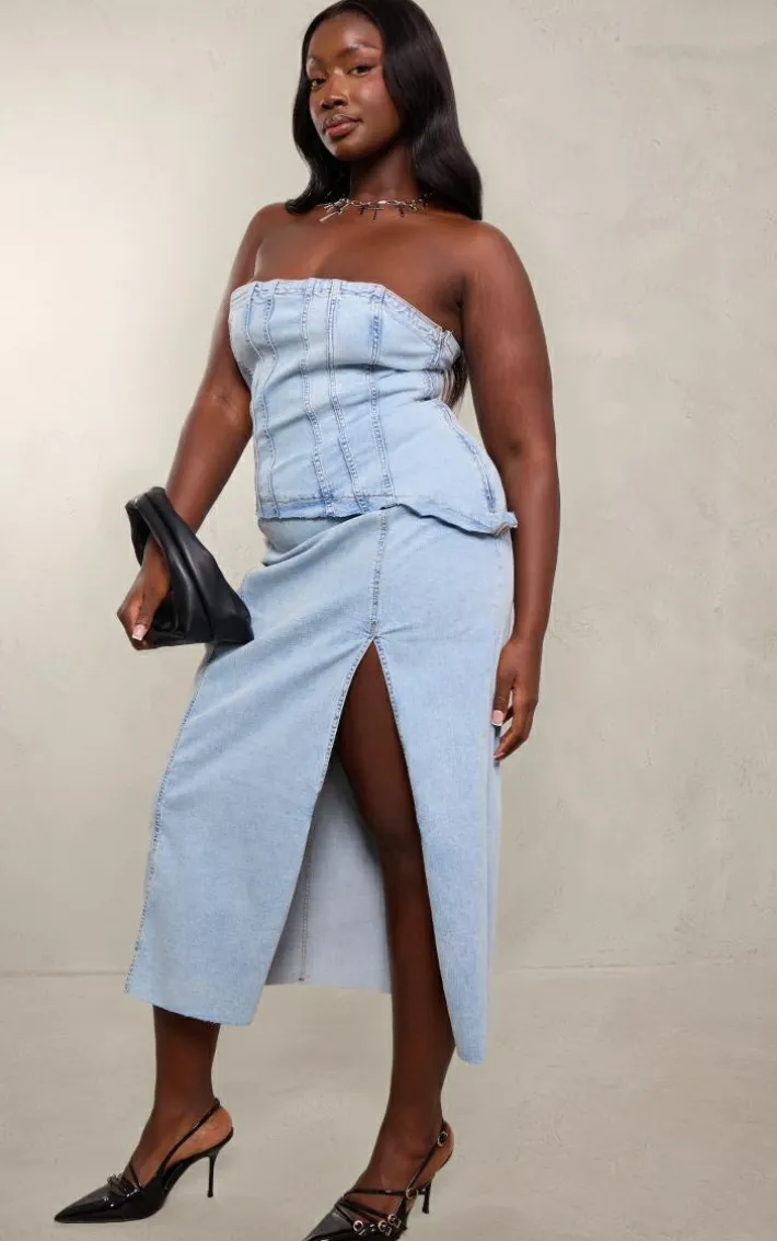 Plus Vintage Light Wash Corset Panel Split Detail Midaxi Denim Dress