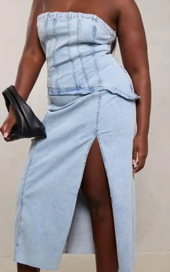 Plus Vintage Light Wash Corset Panel Split Detail Midaxi Denim Dress