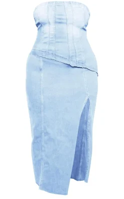Plus Vintage Light Wash Corset Panel Split Detail Midaxi Denim Dress