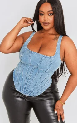 Plus Vintage Light Wash Seam Detail Denim Corset