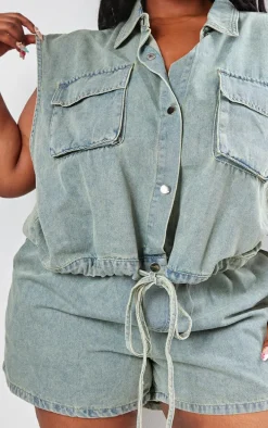 Plus Vintage Light Wash Sleeveless Popper Detail Denim Top