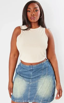 Plus Vintage Mid Wash Contrast Seam Detail Brushed Denim Mini Skirt