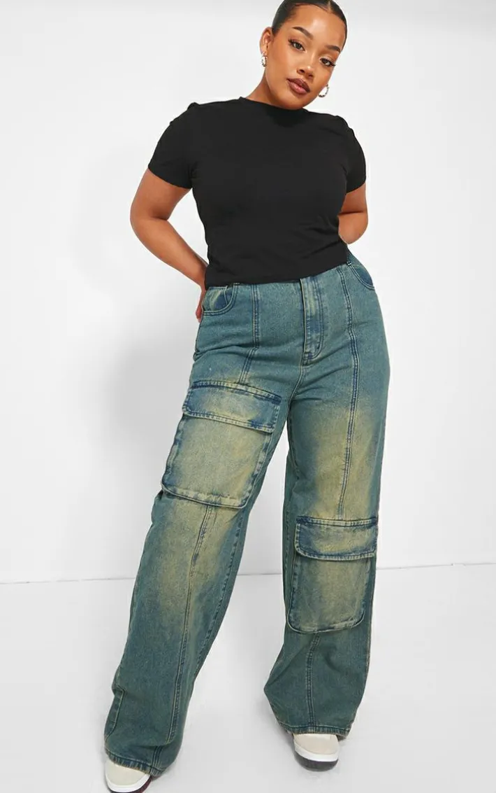 Plus Vintage Mid Wash Oversized Cargo Pocket Detail Wide Leg Jeans
