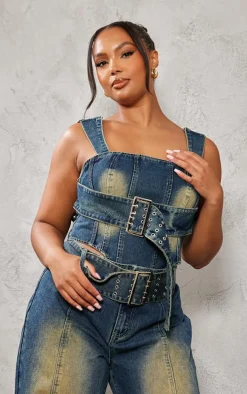 Plus Vintage Wash Buckle Denim Corset Top