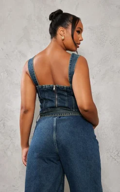 Plus Vintage Wash Buckle Denim Corset Top