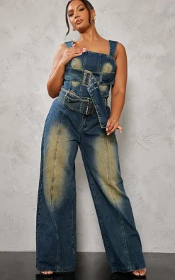 Plus Vintage Wash Buckle Denim Corset Top