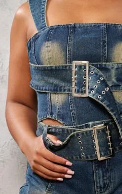 Plus Vintage Wash Buckle Denim Corset Top