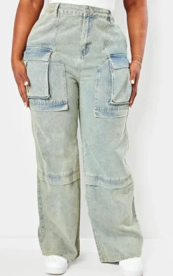 Plus Vintage Wash Cargo Wide Leg Denim Jeans