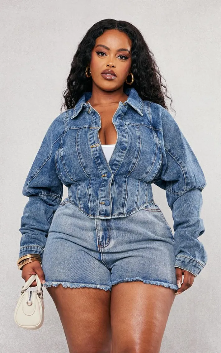 Plus Vintage Wash Corset Denim Jacket