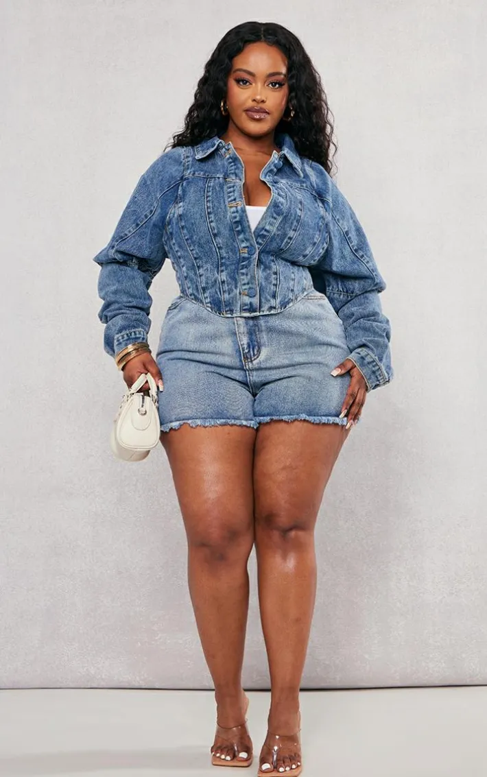 Plus Vintage Wash Corset Denim Jacket