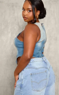 Plus Vintage Wash Dipped Front Denim Crop Top