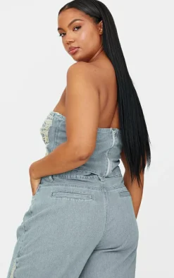 Plus Vintage Wash Extreme Fraying Detail Cropped Denim Corset Top