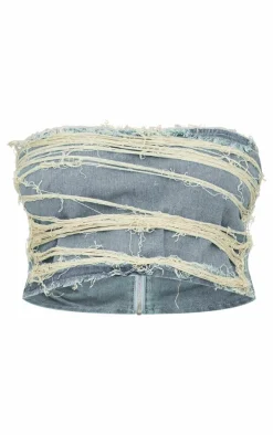 Plus Vintage Wash Extreme Fraying Detail Cropped Denim Corset Top