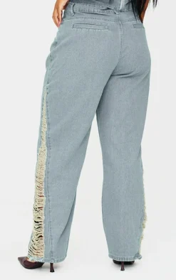 Plus Vintage Wash Extreme Fraying Detail Wide Leg Denim Jeans