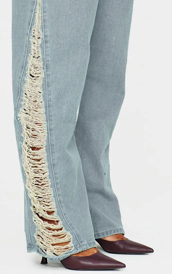 Plus Vintage Wash Extreme Fraying Detail Wide Leg Denim Jeans