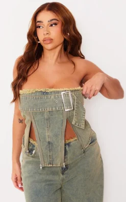 Plus Vintage Wash Oversized Buckle Denim Corset