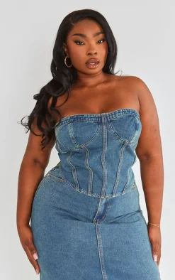 Plus Vintage Wash Seam Detail Denim Corset