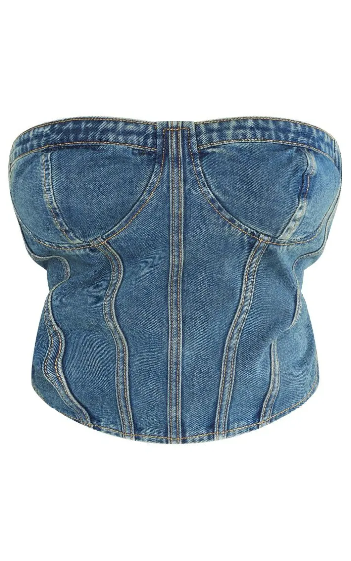 Plus Vintage Wash Seam Detail Denim Corset