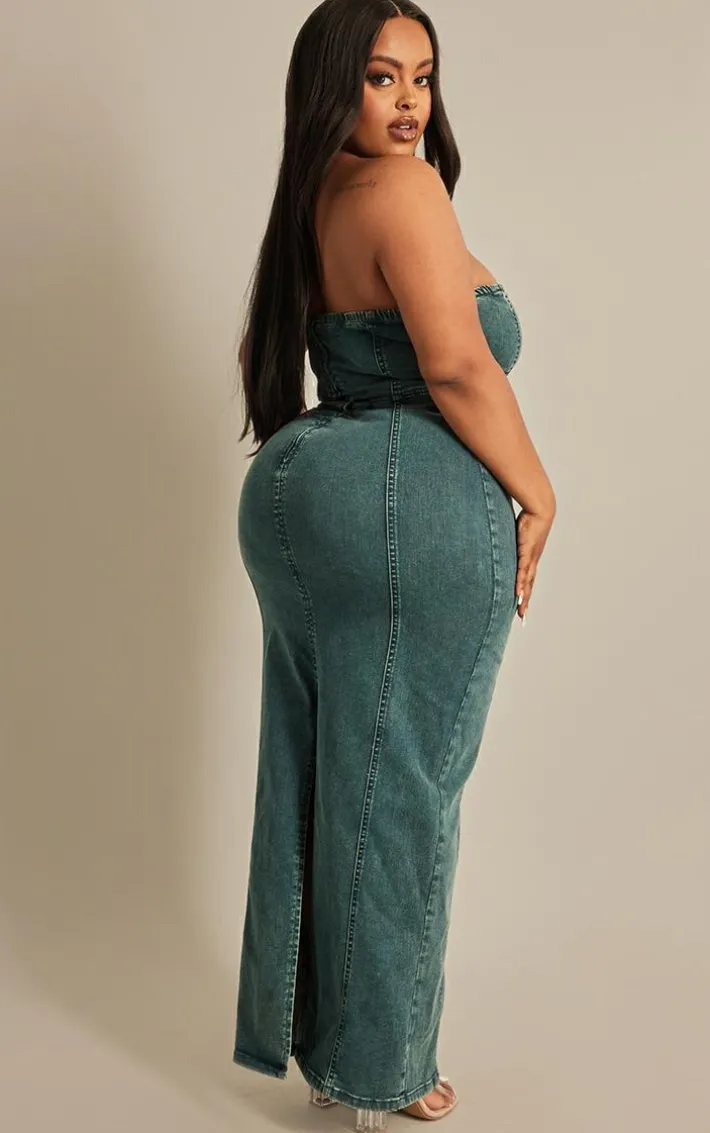 Plus Vintage Wash Seam Detail Denim Maxi Dress