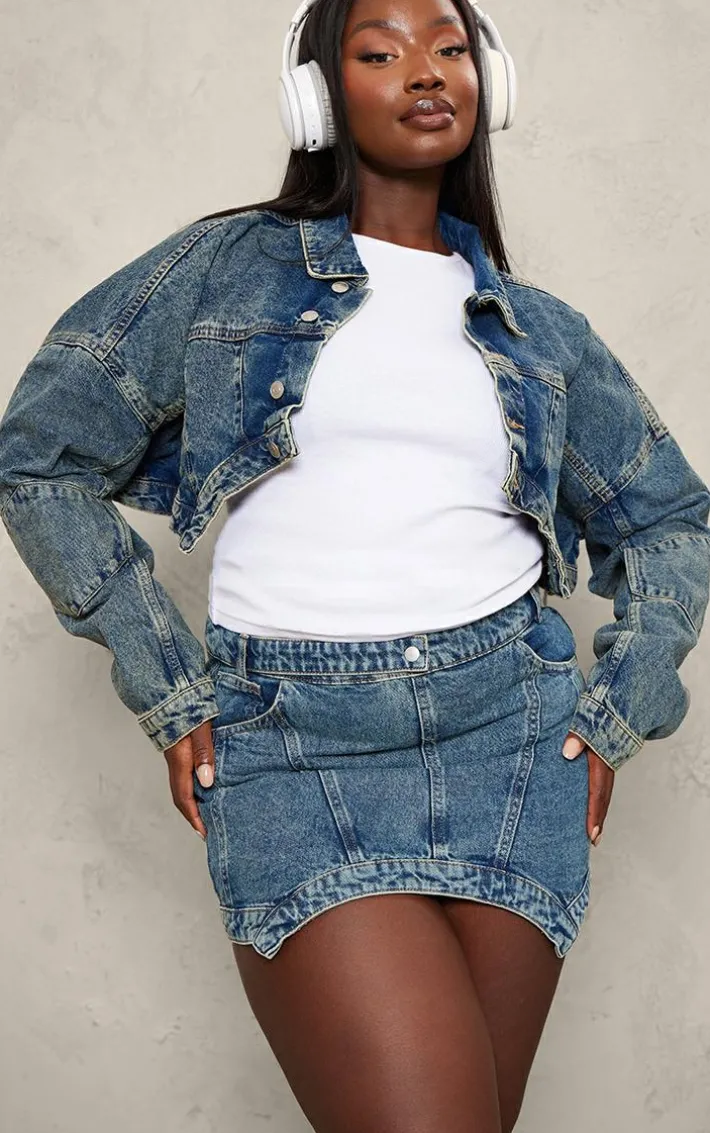 Plus Vintage Wash Washed Curved Hem Denim Mini Skirt