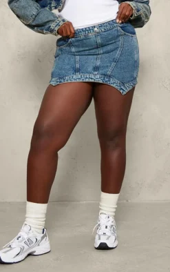 Plus Vintage Wash Washed Curved Hem Denim Mini Skirt