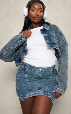 Plus Vintage Wash Washed Curved Hem Denim Mini Skirt