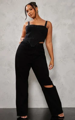 Plus Washed Black Acid Wash Denim Corset
