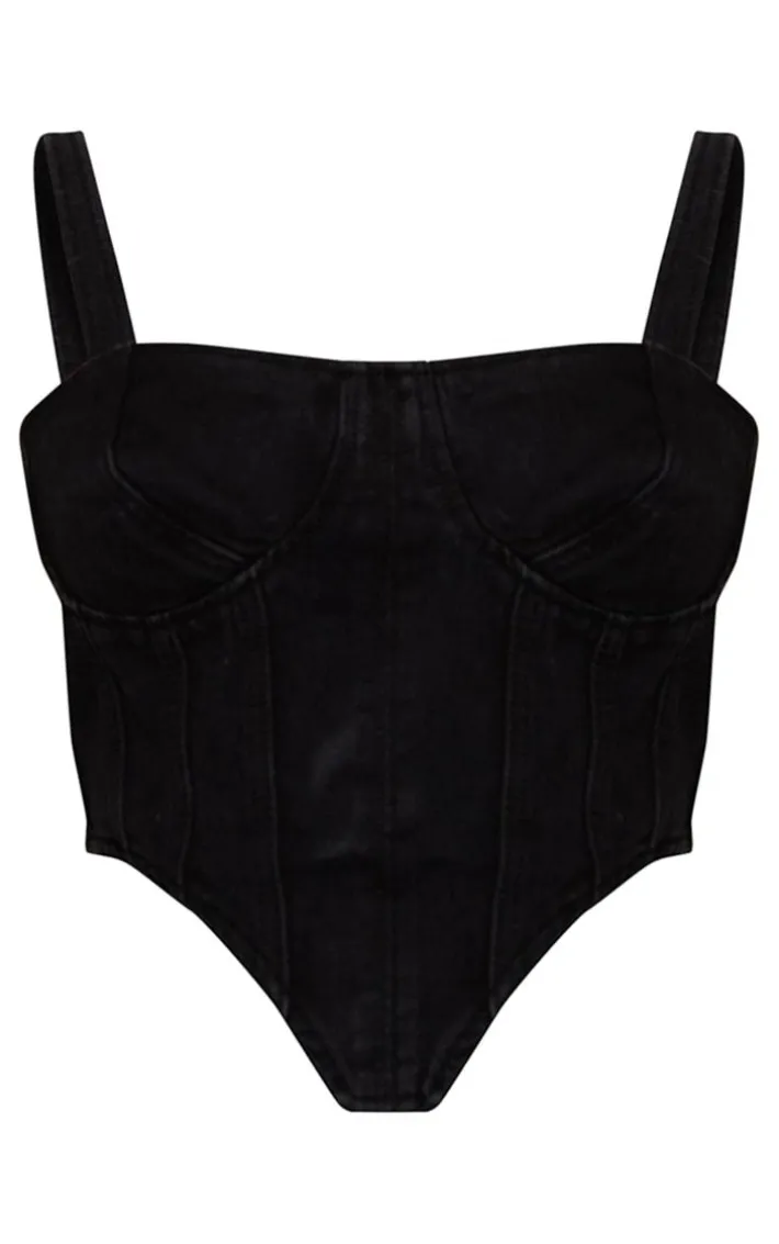 Plus Washed Black Acid Wash Denim Corset