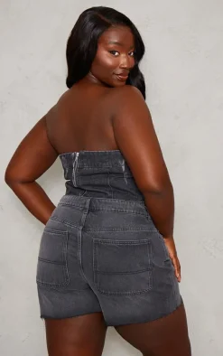 Plus Washed Black Bandeau Button Detail Denim Crop Top