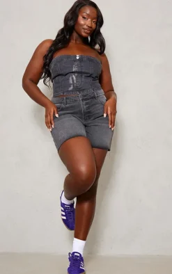 Plus Washed Black Bandeau Button Detail Denim Crop Top