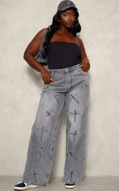 Plus Washed Black Cross Applique Detail Wide Leg Jeans