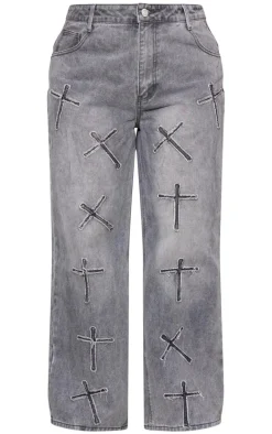 Plus Washed Black Cross Applique Detail Wide Leg Jeans