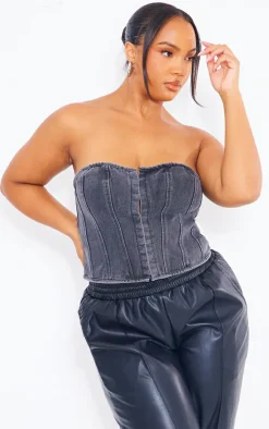 Plus Washed Black Hook And Eye Bandeau Denim Corset