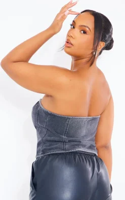 Plus Washed Black Hook And Eye Bandeau Denim Corset
