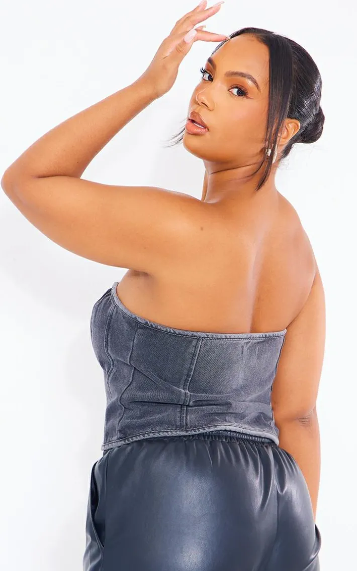Plus Washed Black Hook And Eye Bandeau Denim Corset