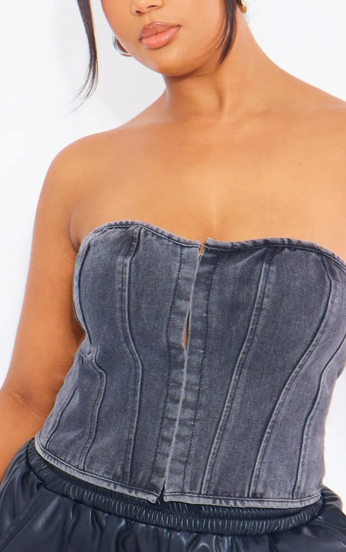 Plus Washed Black Hook And Eye Bandeau Denim Corset